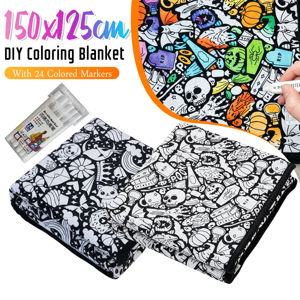 150x125cm DIY Painting Blankets Washable Velvet 24 Coloring Blanket With Markers For Holiday Arts Activities Creative Handcraft